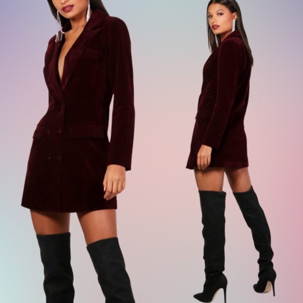 Boohoo Velvet Double Breasted Blazer Dress - Burgundy